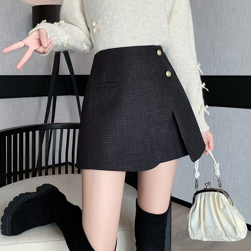 하이웨스트 여성 모직 치마바지 가을 와이드팬츠 A라인 스타일 편안한 착용감 데일리 캐주얼 모던한 디자인 트렌디한 패션 아이템 - 상세 이미지 3