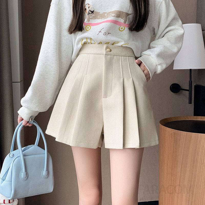 여성 하이웨스트 와이드 핀턱 플리츠 반바지 숏팬츠 데일리 오피스룩 하객룩 겨울 - 상품 이미지
