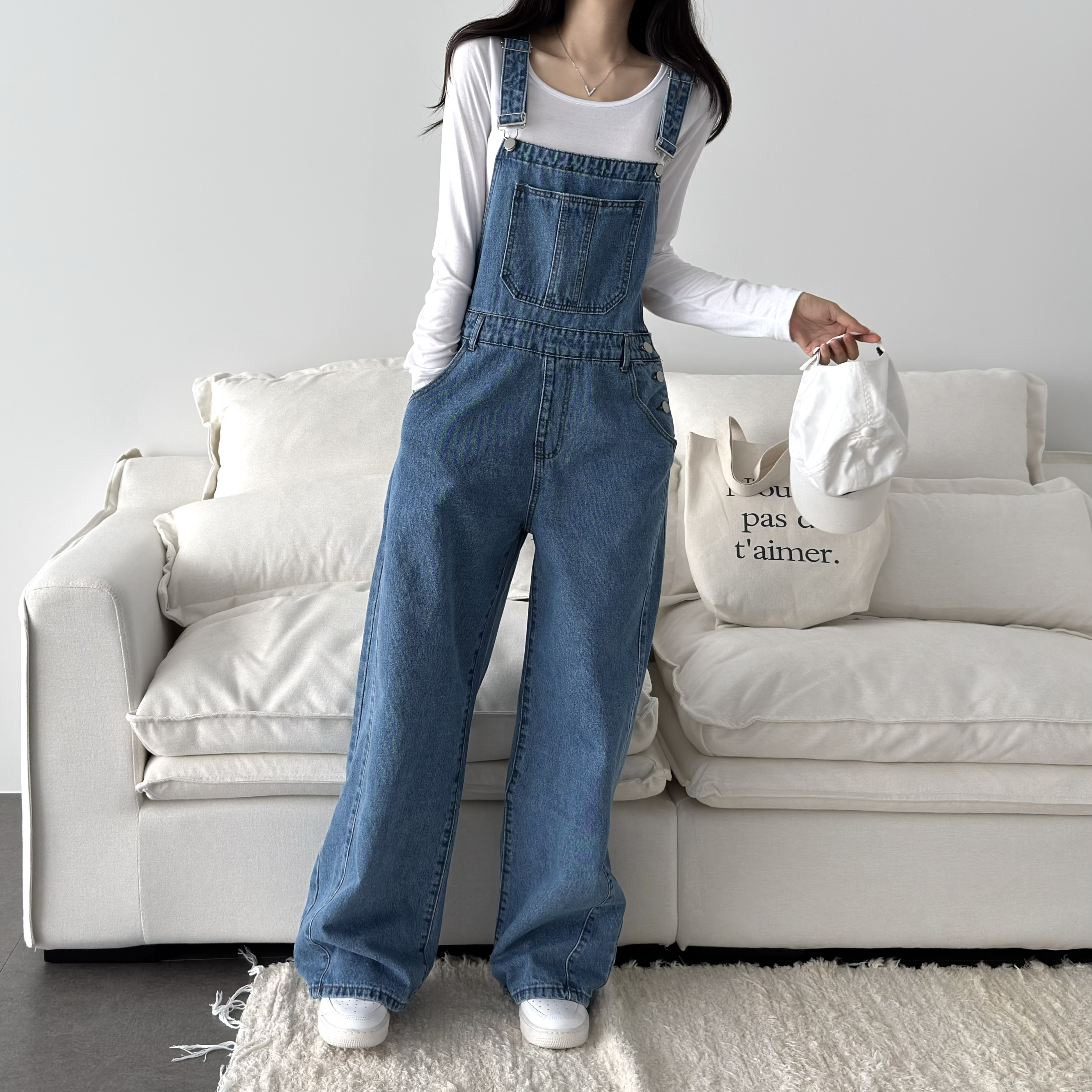 옆절개 와이드 오버롤 멜빵 데일리 점프수트 - 상세 이미지 4