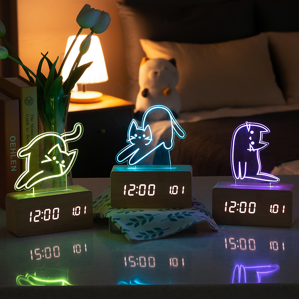 플라이토 우드냥 인테리어 LED 탁상시계 무소음 디지털 전자 알람 테이블 책상시계 선물