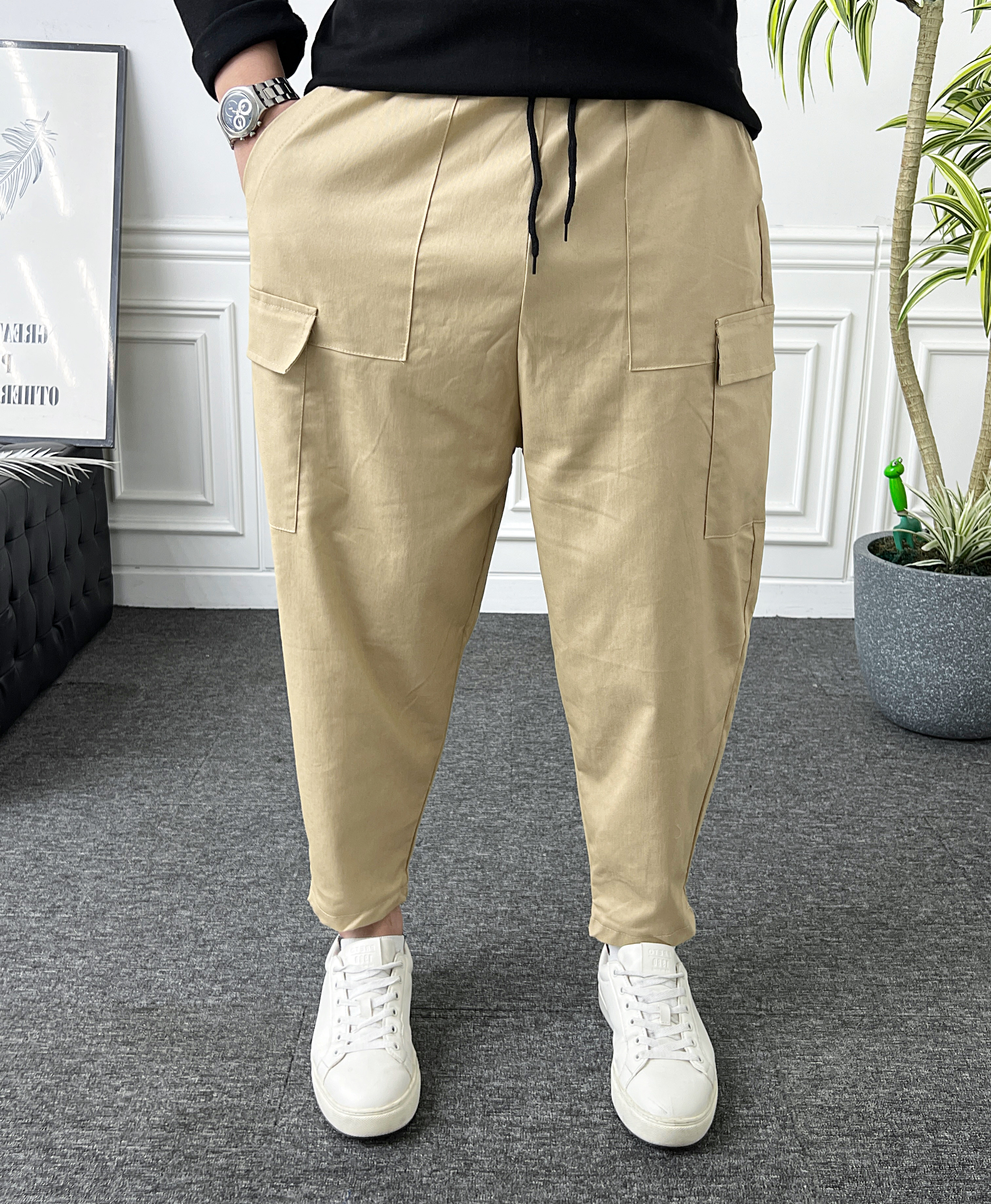 남자 벌룬팬츠 밴딩 사각 카고 포켓 와이드 배기바지 - 상세 이미지 4