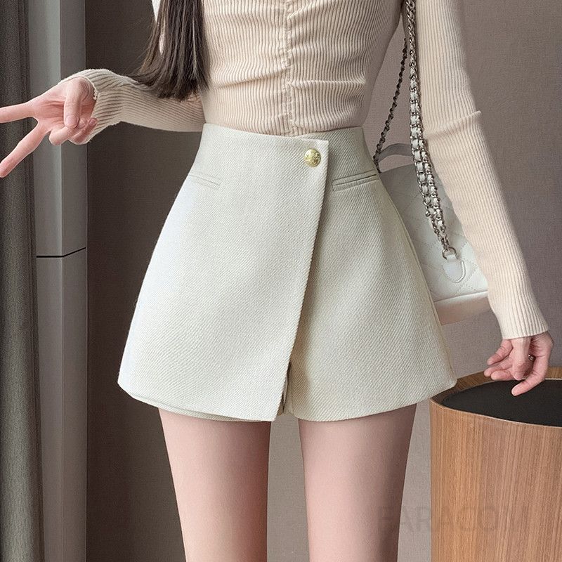 여성 모직 치마바지 하이웨이스트 와이드 핏 가을 스타일 버튼 포인트 A라인 팬츠 스커트 데일리룩 편안한 착용감 - 상세 이미지 2