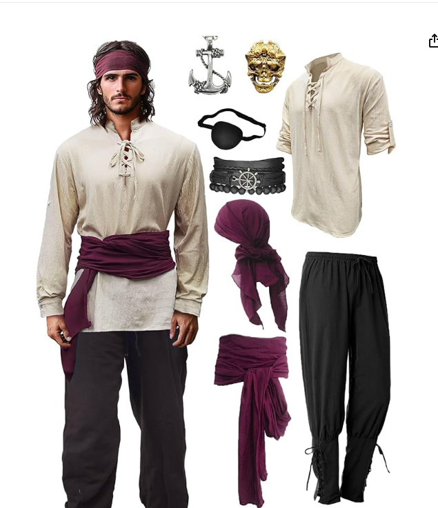 해적옷 해적코스튬 할로윈 코스프레 연극무대 의상 르네상스 바이킹 카키 상의+블랙 바지+와인 레드 8종 S - 상품 이미지