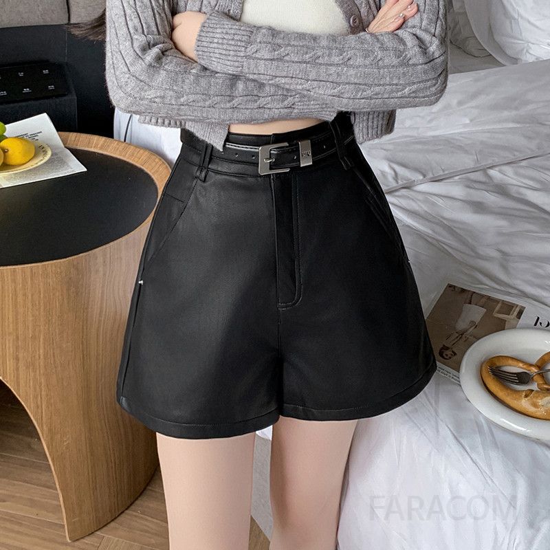 여성 가죽 반바지 하이웨이스트 와이드핏 스타일리시한 여름 캐주얼 데일리 편안한 착용감 시원한 외출용 팬츠 - 상세 이미지 2