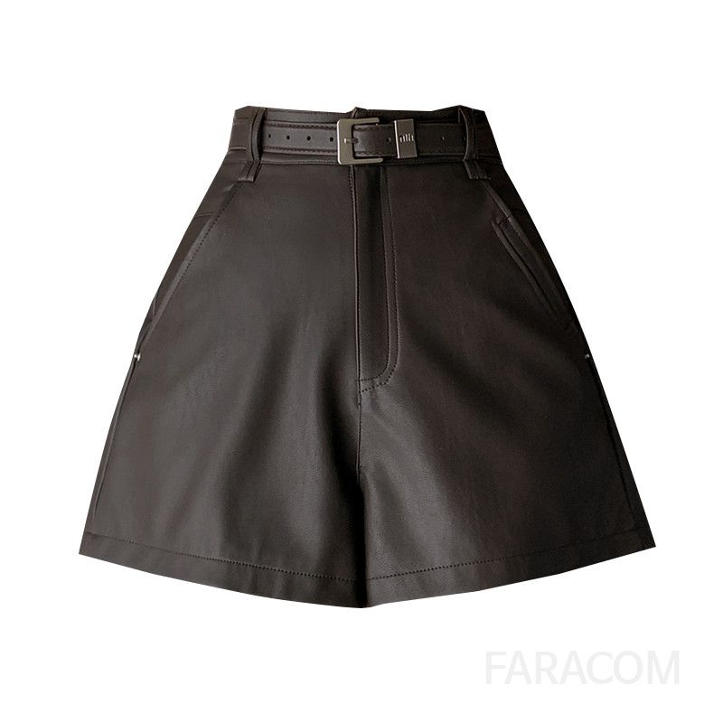 여성 가죽 반바지 하이웨이스트 와이드핏 스타일리시한 여름 캐주얼 데일리 편안한 착용감 시원한 외출용 팬츠 - 상세 이미지 5