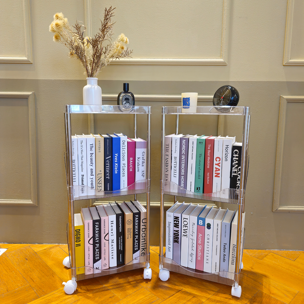 일상드로우 틈새 미니 책장 이동식 낮은 책장 슬림 수납 조립식 338x222x762mm, 2단, 투명