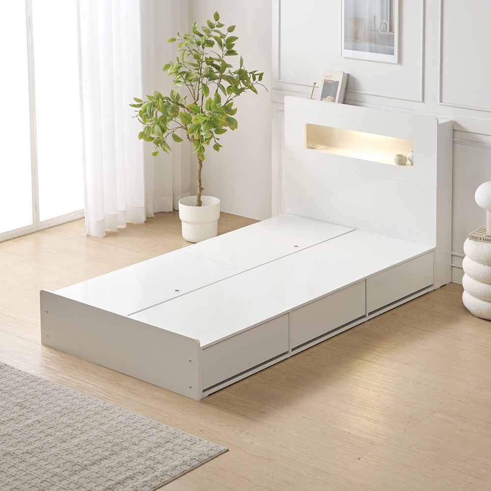 벨루나 침대프레임 4서랍 수납 LED 침대 헤드형, SS(슈퍼싱글), 화이트
