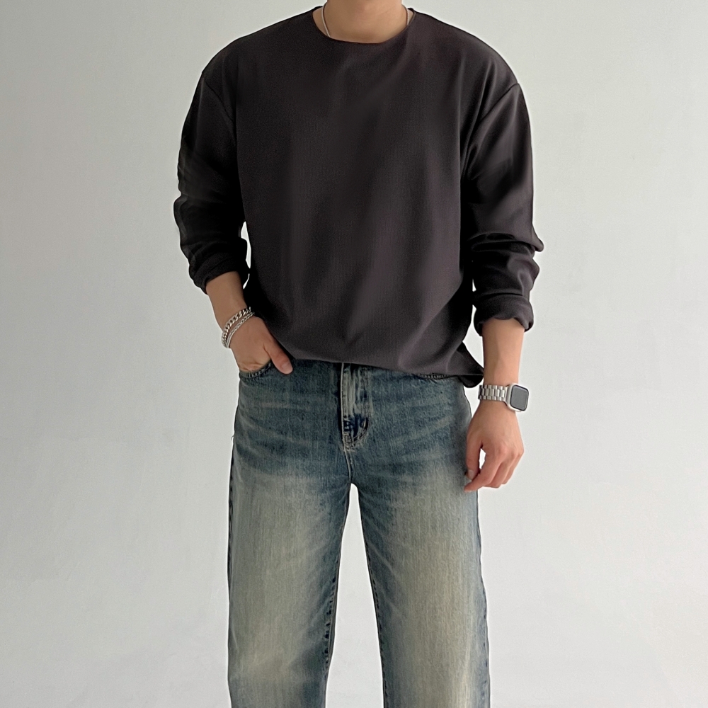 긴팔티셔츠 롱슬리브 오버핏 라운드 남성티셔츠 무지티 - 상세 이미지 5