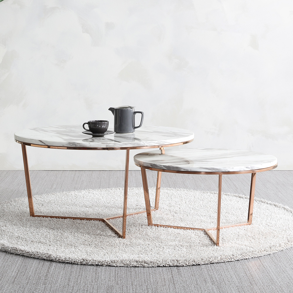 스코나 레이너 스텐 로즈골드 대리석 원형 거실 소파 테이블 L