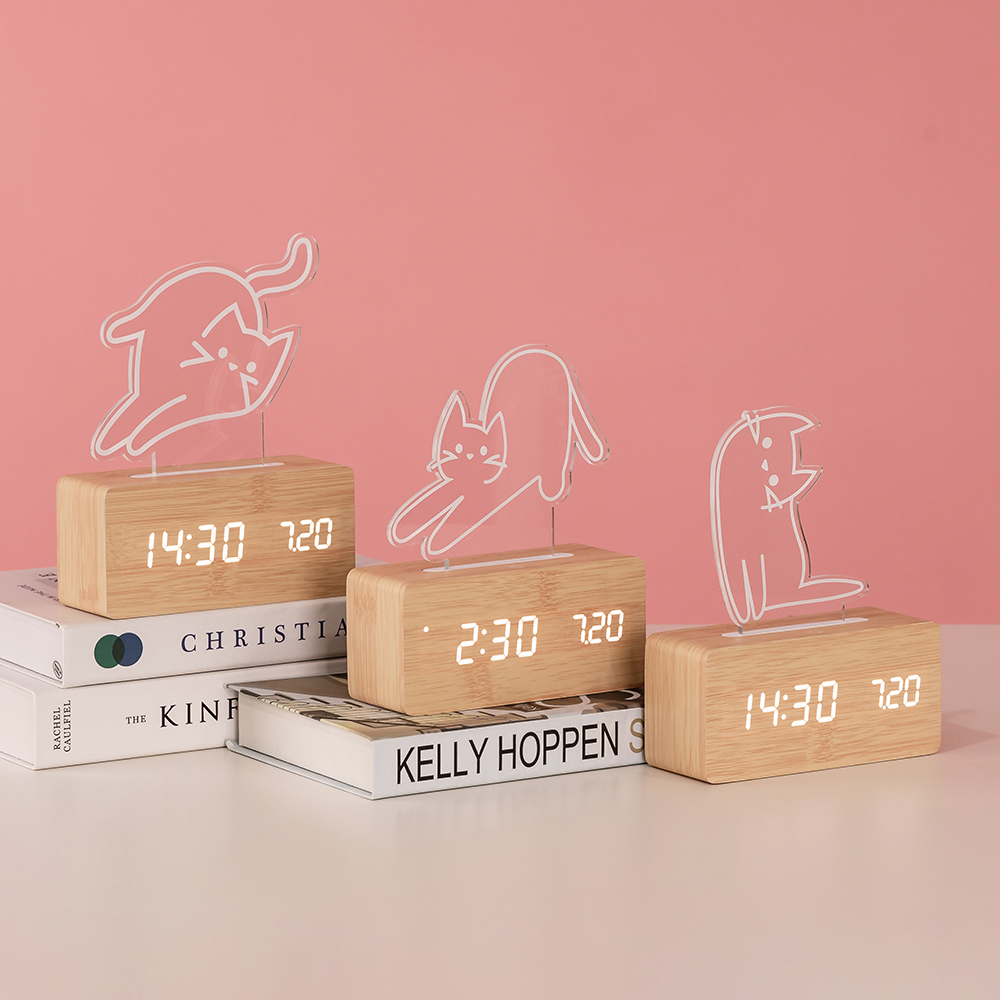 플라이토 우드냥 인테리어 LED 탁상시계 무소음 디지털 전자 알람 테이블 책상시계 선물
