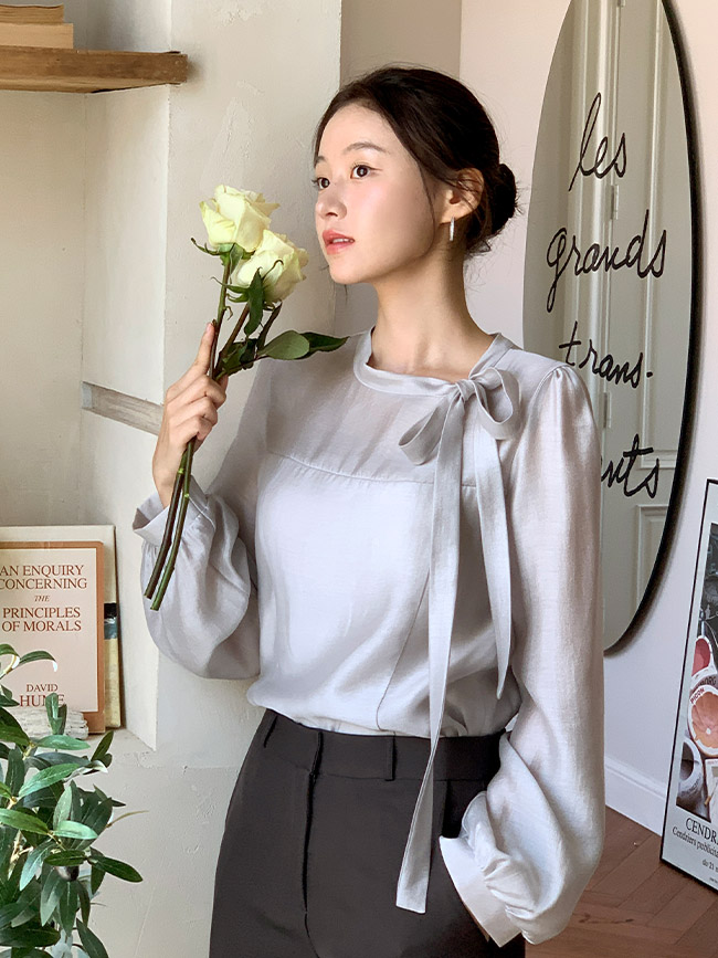 (하객룩) 시스루 리본 스트랩 긴팔 블라우스 bs8427 - 상세 이미지 2
