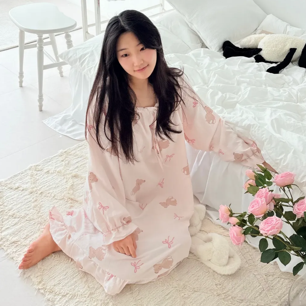 긴팔 원피스 여성 프릴 곰돌이 스퀘어넥 파자마 잠옷 이미지 6