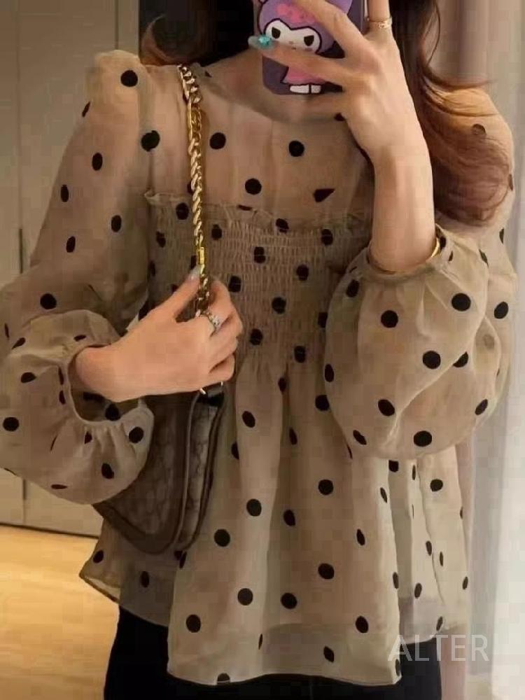 여성 도트 블라우스 레이스 브라우스 셔츠 긴팔 아이보리 S 40-50kg - 상세 이미지 3