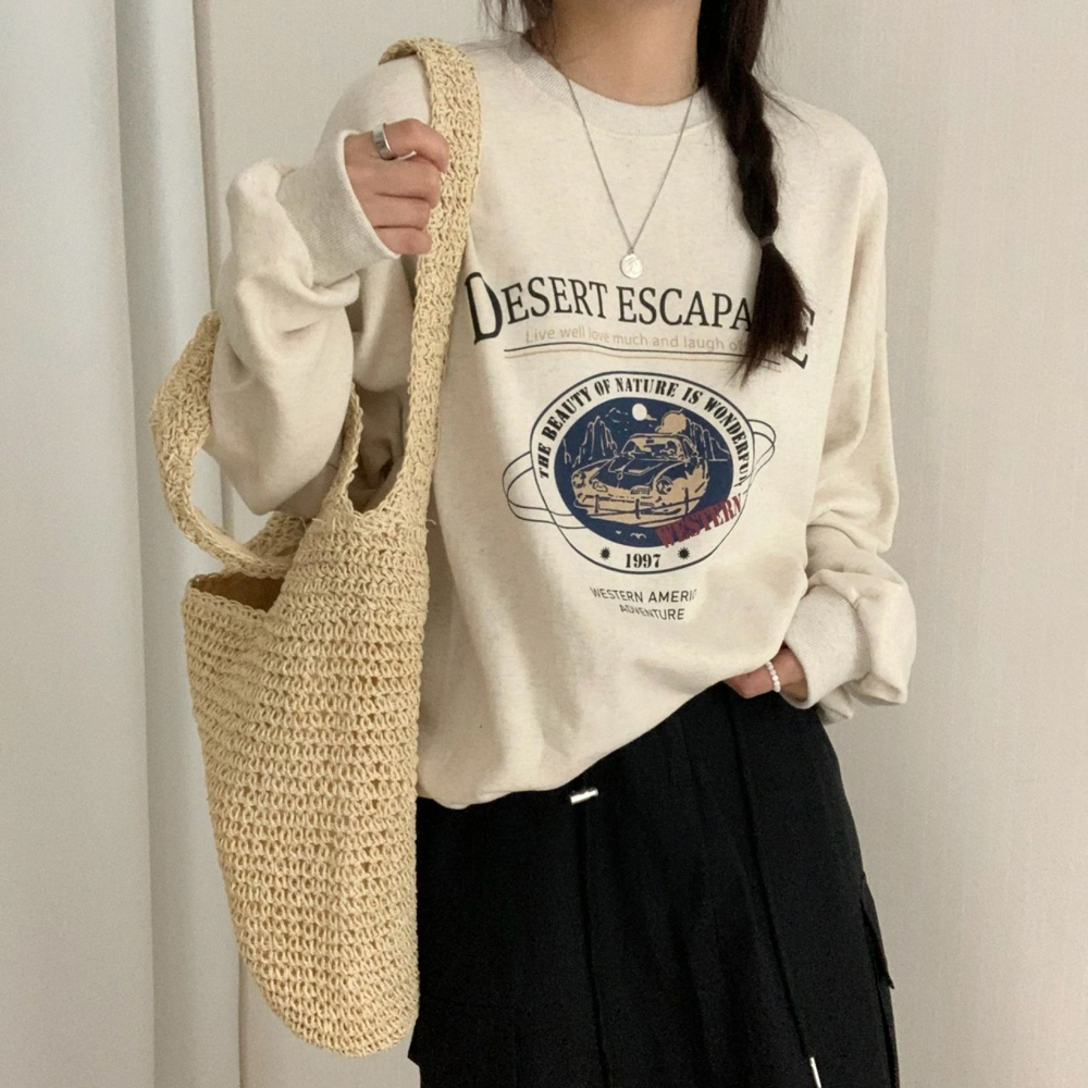 데일리 오버핏 데저트 레터링 프린팅 티셔츠 기모 여성 맨투맨 박스티 여자 겨울 티셔츠 코튼 - 상세 이미지 5