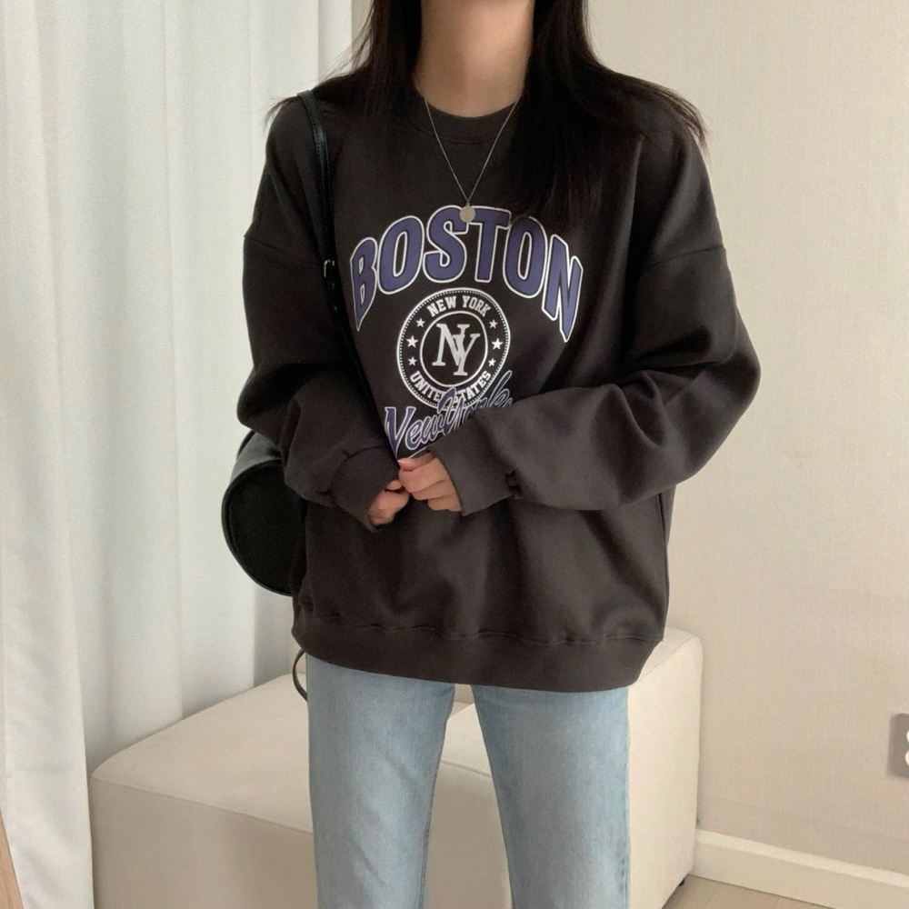 데일리 오버핏 보스턴 뉴욕 레터링 프린팅 티셔츠 여성 맨투맨 박스티 여자 가을 티셔츠 코튼 - 상세 이미지 5