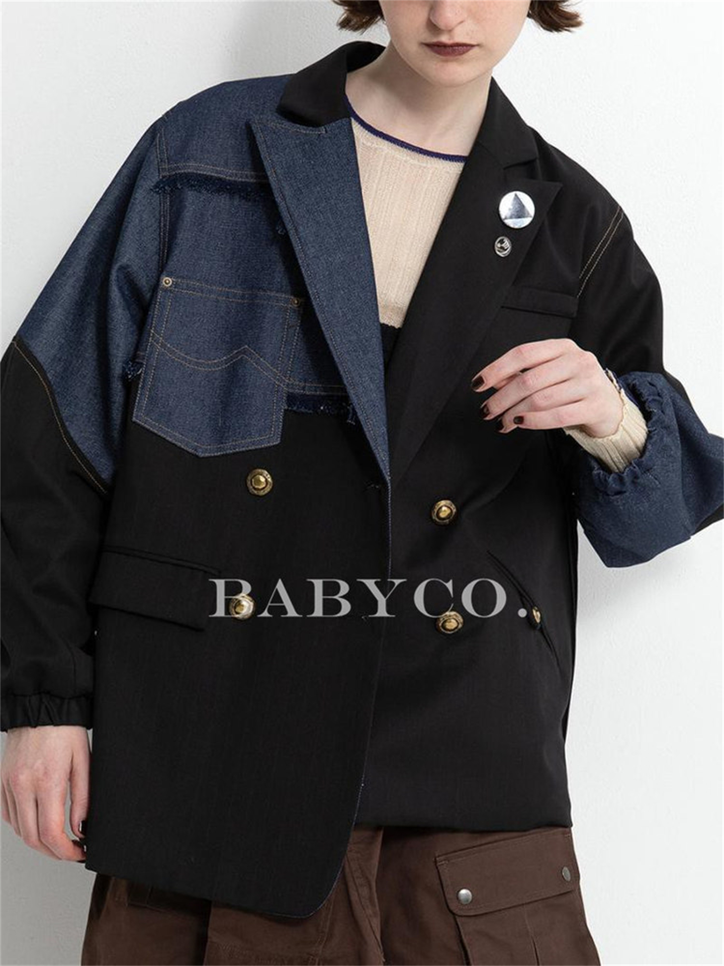 여성 가을 캐주얼 정장 자켓 블레이저 재킷 데님 패치 미니멀 일본 디자이너 BABYCO STUDIO - 상품 이미지