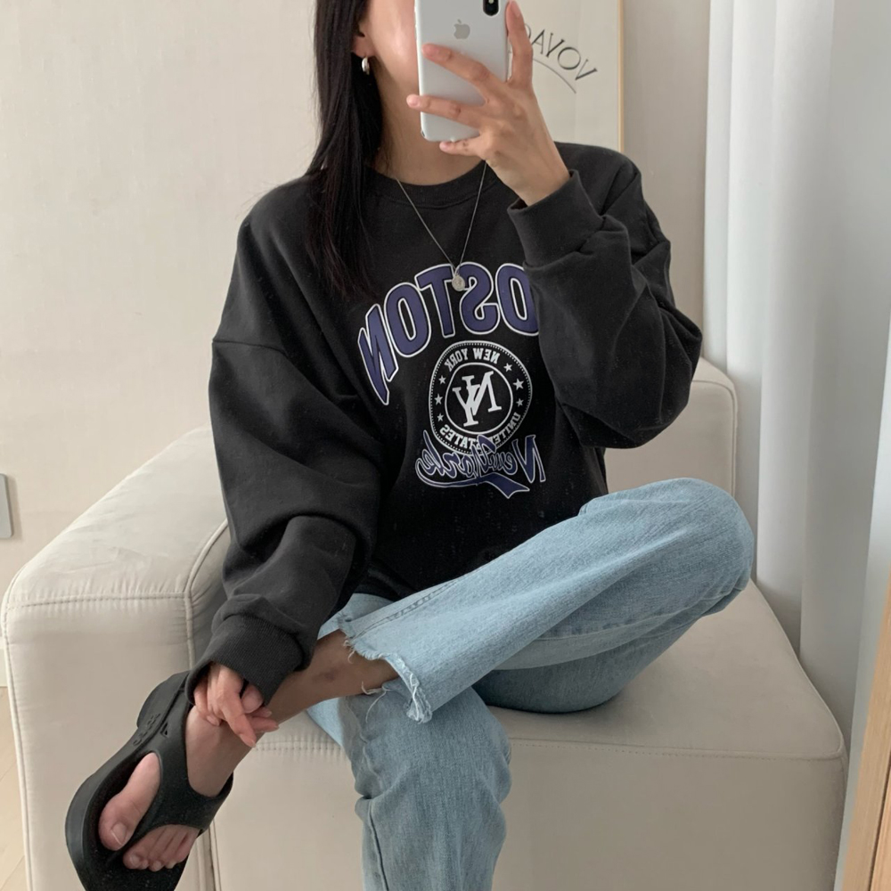 데일리 오버핏 보스턴 뉴욕 레터링 프린팅 티셔츠 여성 맨투맨 박스티 여자 가을 티셔츠 코튼 - 상품 이미지