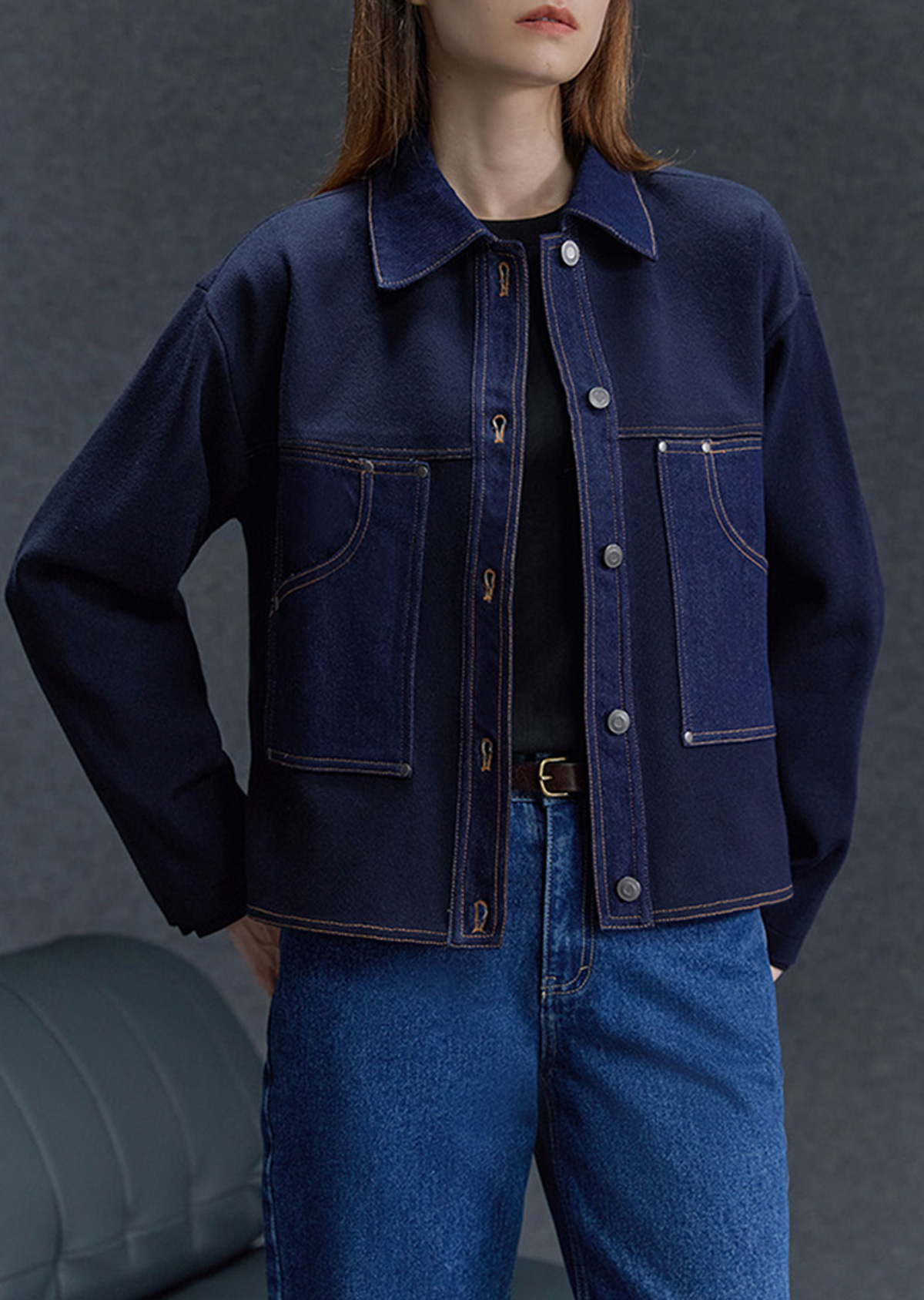 꼬모노보 25FW 데님 패치 니트 재킷 55~88size - 상품 이미지