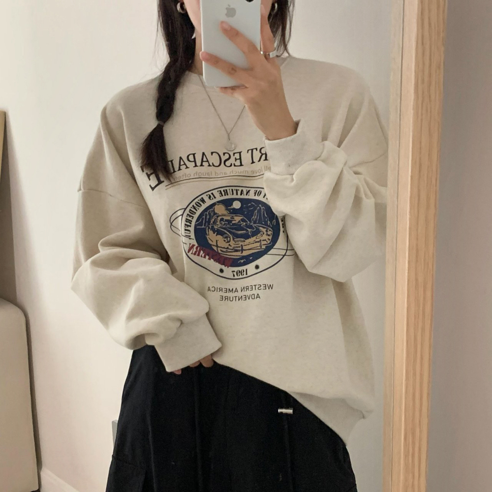 데일리 오버핏 데저트 레터링 프린팅 티셔츠 기모 여성 맨투맨 박스티 여자 겨울 티셔츠 코튼 - 상품 이미지