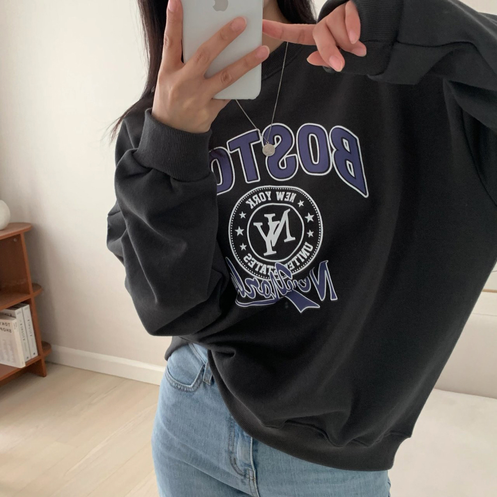 데일리 오버핏 보스턴 뉴욕 레터링 프린팅 티셔츠 여성 맨투맨 박스티 여자 가을 티셔츠 코튼 - 상세 이미지 3