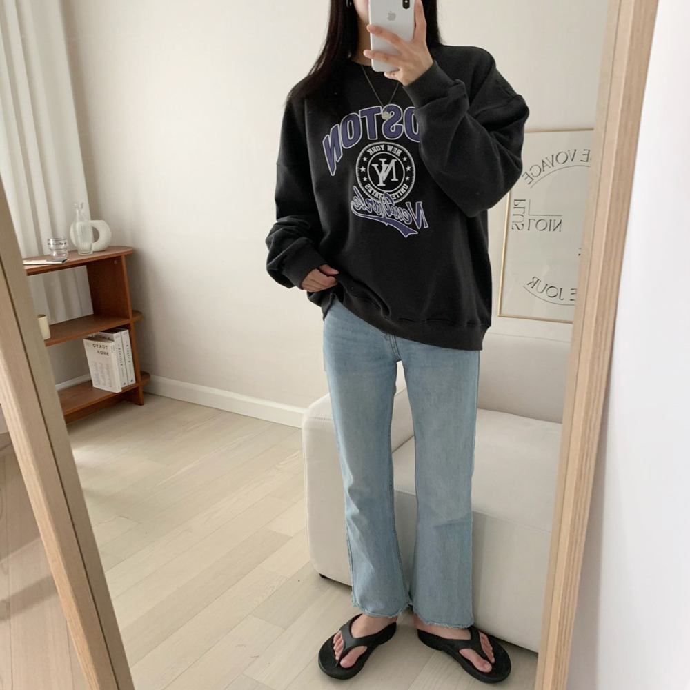 데일리 오버핏 보스턴 뉴욕 레터링 프린팅 티셔츠 여성 맨투맨 박스티 여자 가을 티셔츠 코튼 - 상세 이미지 4