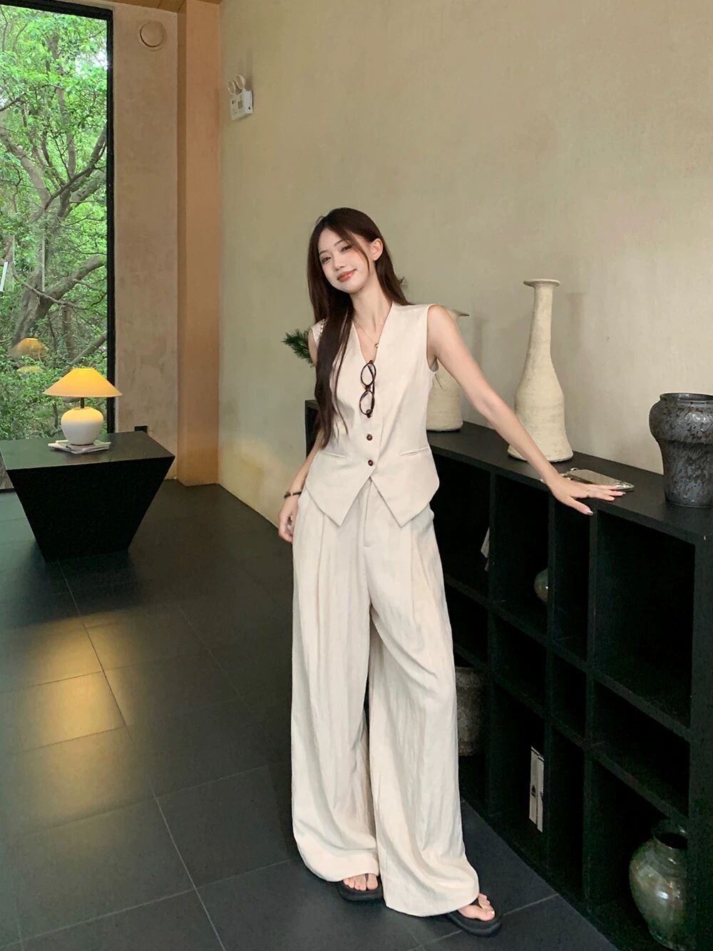 린넨 올드 얇은 여름 여유로운 리넨 자켓 슬리브리스 루즈핏 긴팔 투피스 길이 시원한 여성 베이지화이트 세트 6원할인 조끼+롱팬츠 S - 상세 이미지 3