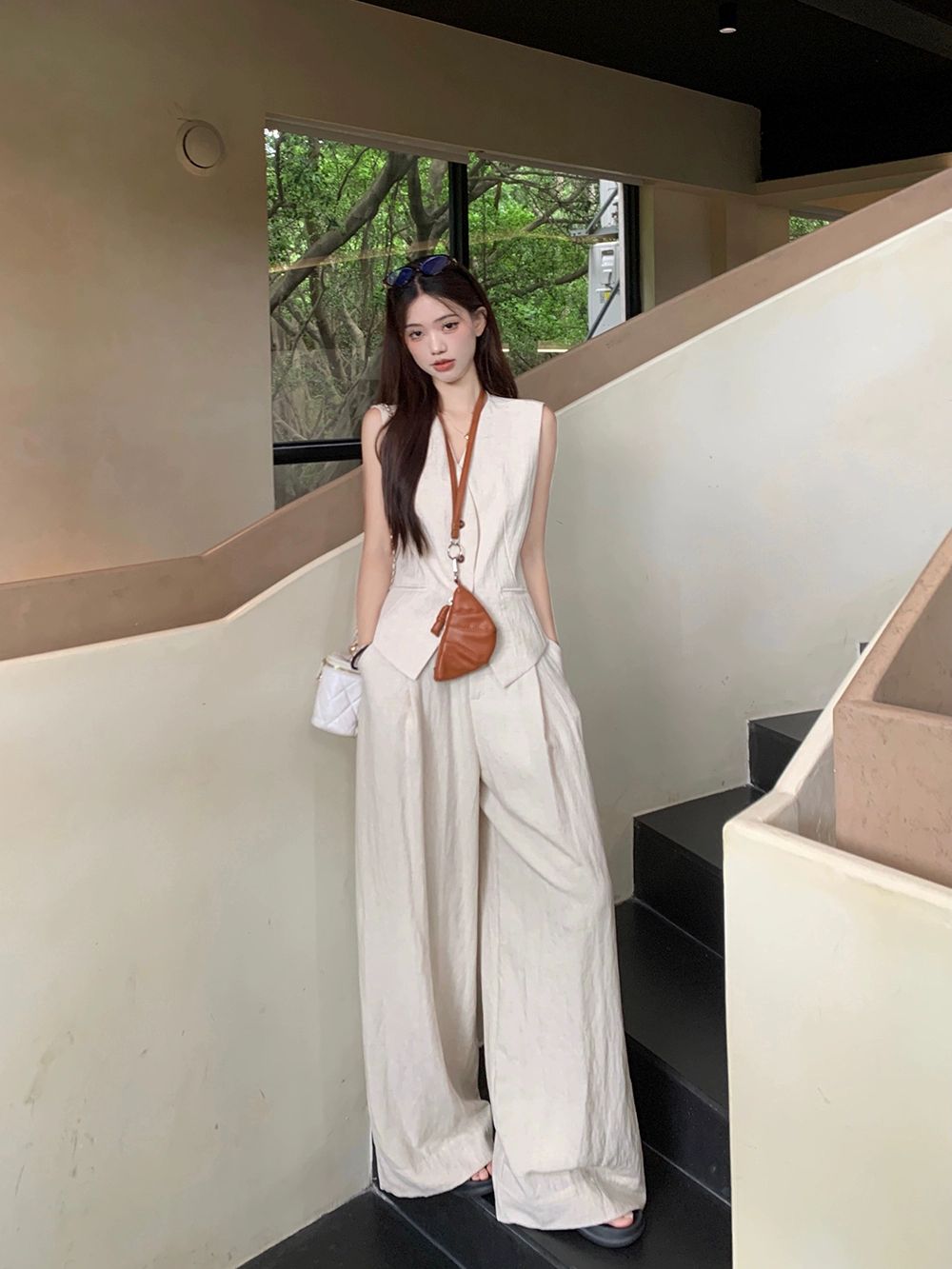린넨 올드 얇은 여름 여유로운 리넨 자켓 슬리브리스 루즈핏 긴팔 투피스 길이 시원한 여성 베이지화이트 세트 6원할인 조끼+롱팬츠 S - 상세 이미지 2