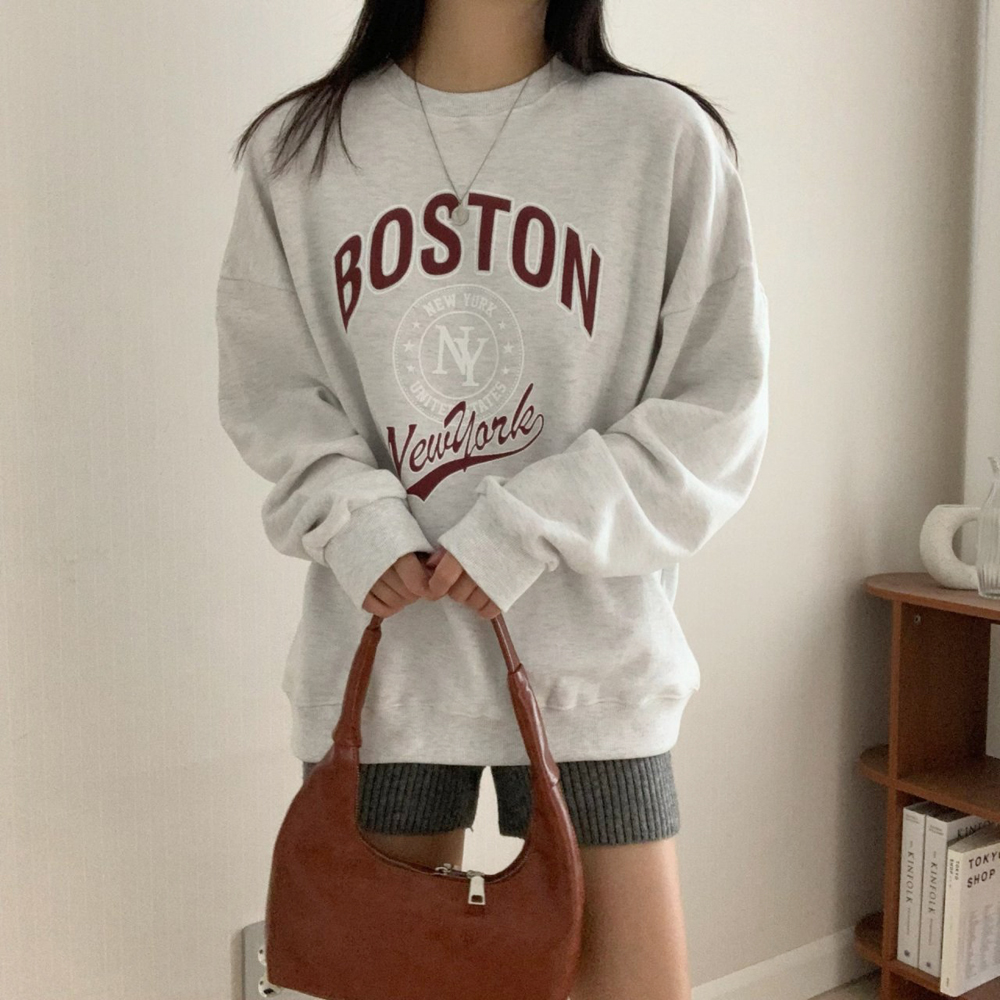 데일리 오버핏 보스턴 뉴욕 레터링 프린팅 티셔츠 여성 맨투맨 박스티 여자 가을 티셔츠 코튼 이미지 6