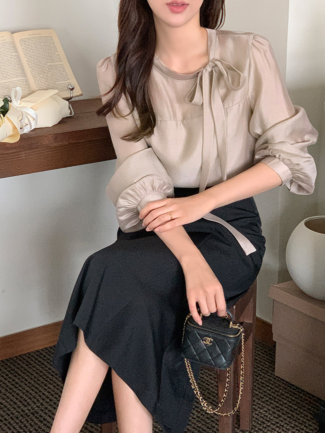 (하객룩) 시스루 리본 스트랩 긴팔 블라우스 bs8427 - 상세 이미지 5