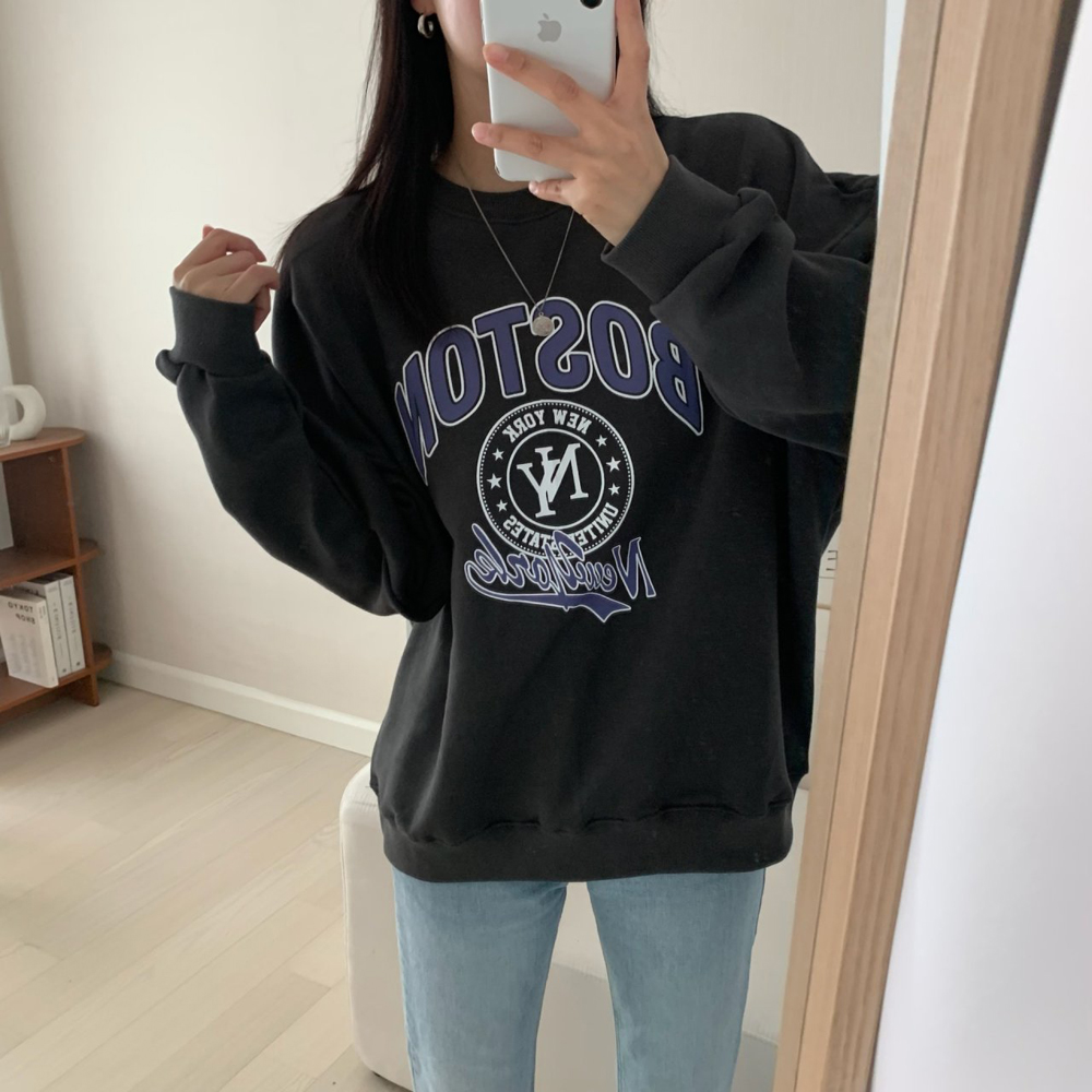 데일리 오버핏 보스턴 뉴욕 레터링 프린팅 티셔츠 여성 맨투맨 박스티 여자 가을 티셔츠 코튼 - 상세 이미지 2