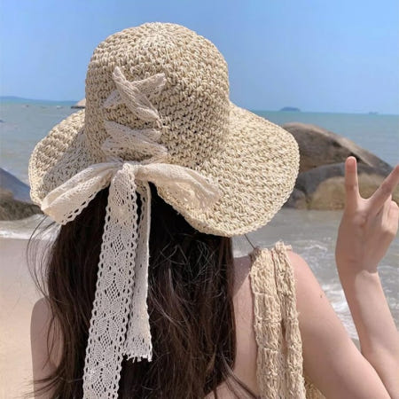 디와이커머스 프렌치아 레이스 리본 버킷햇 모자 / 벙거지모자 선캡 여름모자 봄모자 가을모자 바캉스 니트모자