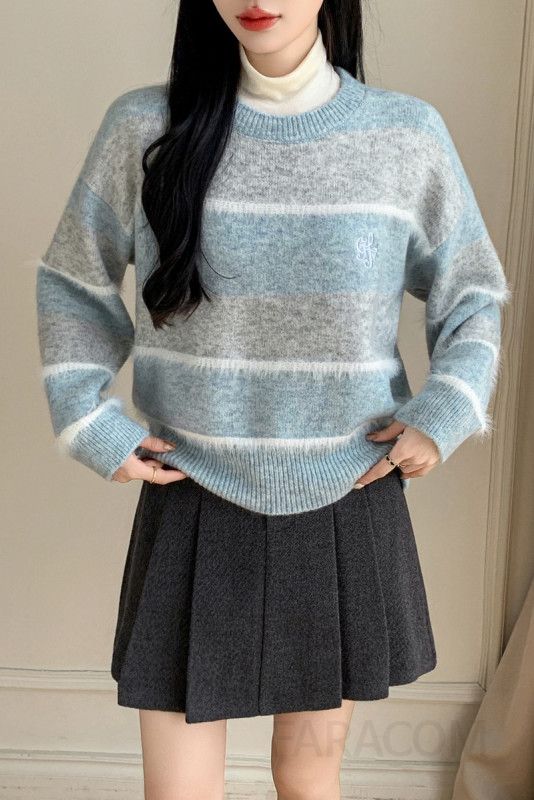 여성용 라운드넥 스트라이프 니트 스웨터 가을 레트로 스타일 긴팔티셔츠 데일리 캐주얼 플러시 디자인 모던한 착용감 편안한 외출용 - 상세 이미지 5