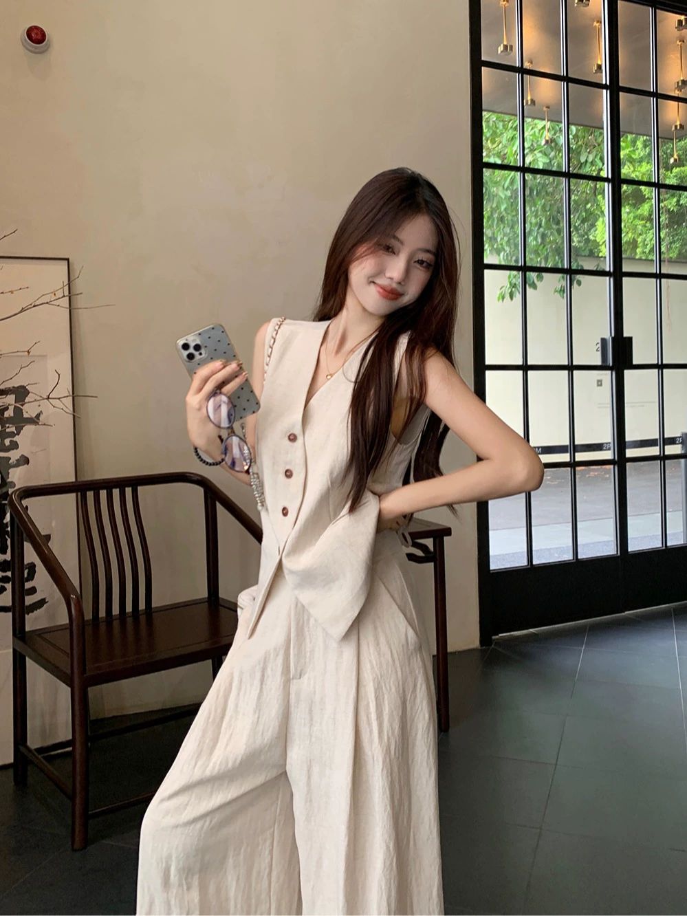 린넨 올드 얇은 여름 여유로운 리넨 자켓 슬리브리스 루즈핏 긴팔 투피스 길이 시원한 여성 베이지화이트 세트 6원할인 조끼+롱팬츠 S - 상세 이미지 5
