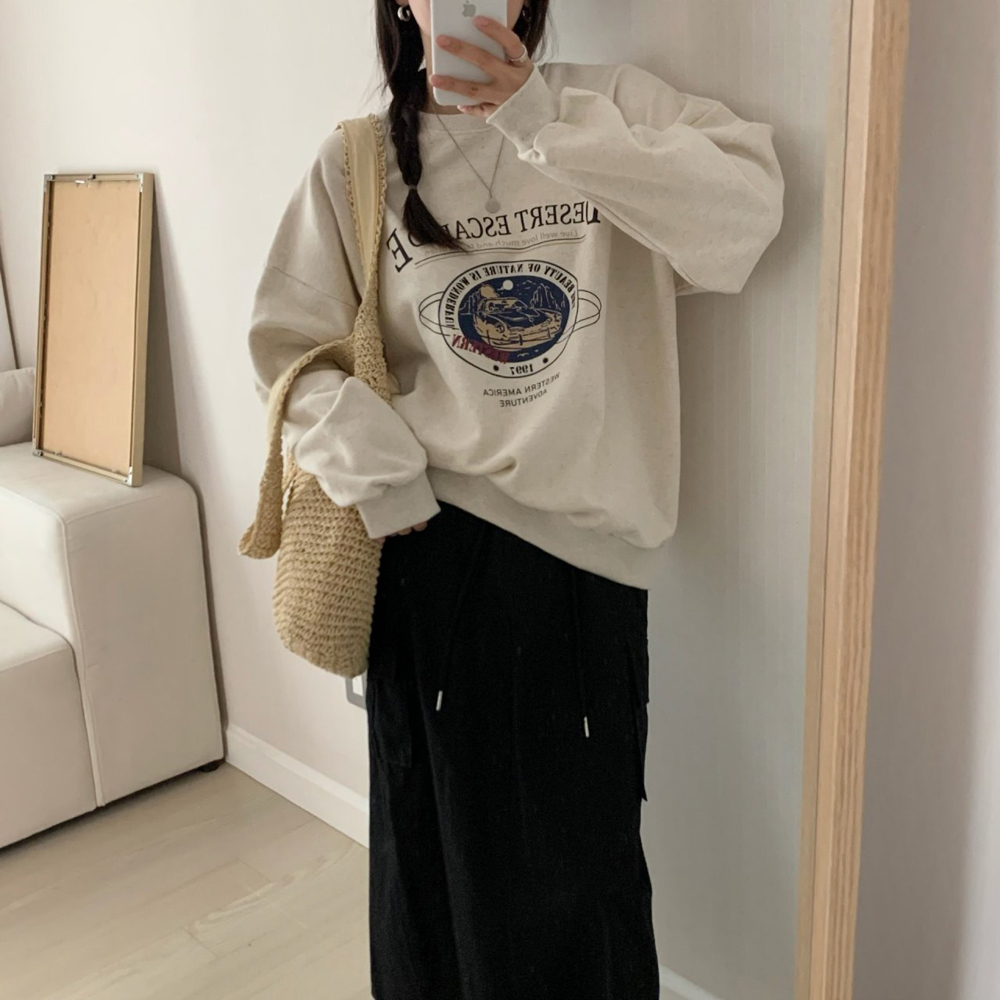 데일리 오버핏 데저트 레터링 프린팅 티셔츠 기모 여성 맨투맨 박스티 여자 겨울 티셔츠 코튼 - 상세 이미지 3
