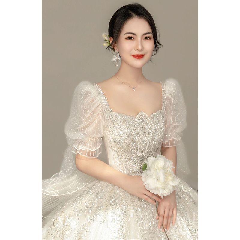 스몰 웨딩 레이스 결혼식 비즈 신부 숄더 드레스 화이트 드레스 S - 상세 이미지 3