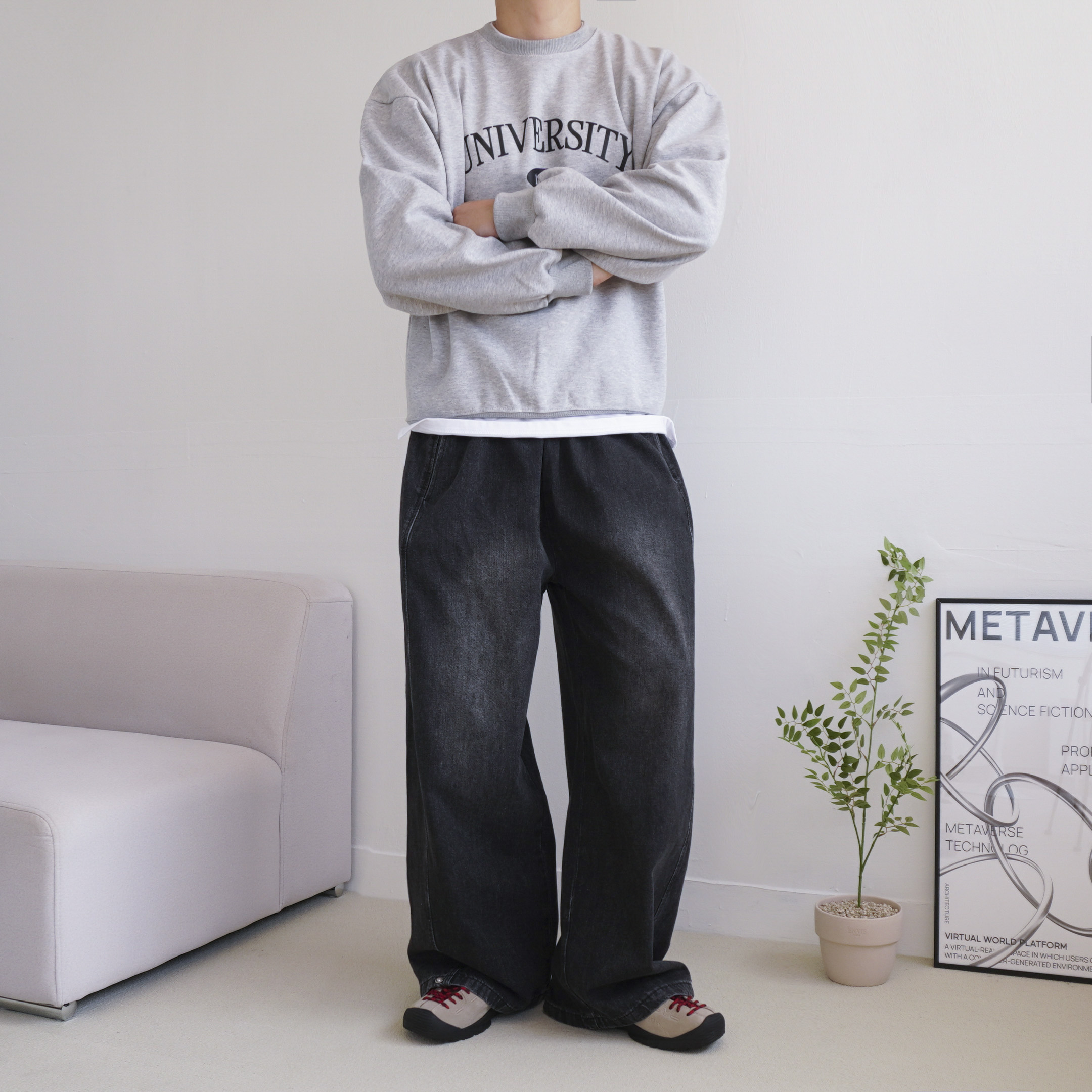남자 흑청바지 와이드 데님팬츠 절개 벌룬 통청바지 이미지 6