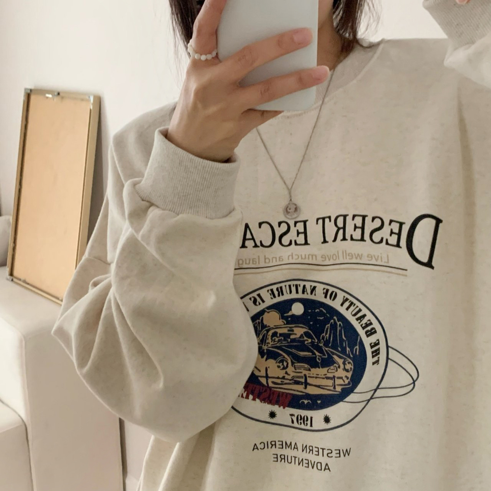 데일리 오버핏 데저트 레터링 프린팅 티셔츠 기모 여성 맨투맨 박스티 여자 겨울 티셔츠 코튼 - 상세 이미지 4