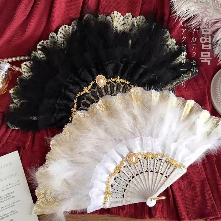 복고풍 부채 레이스 깃털장식 스팽글 공예 전통부채 깃털부채 부채춤부채 레이스부채 무용부채 정교한 화이트 표준 - 상세 이미지 2