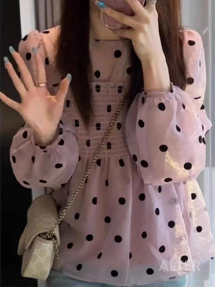 여성 도트 블라우스 레이스 브라우스 셔츠 긴팔 아이보리 S 40-50kg - 상세 이미지 2