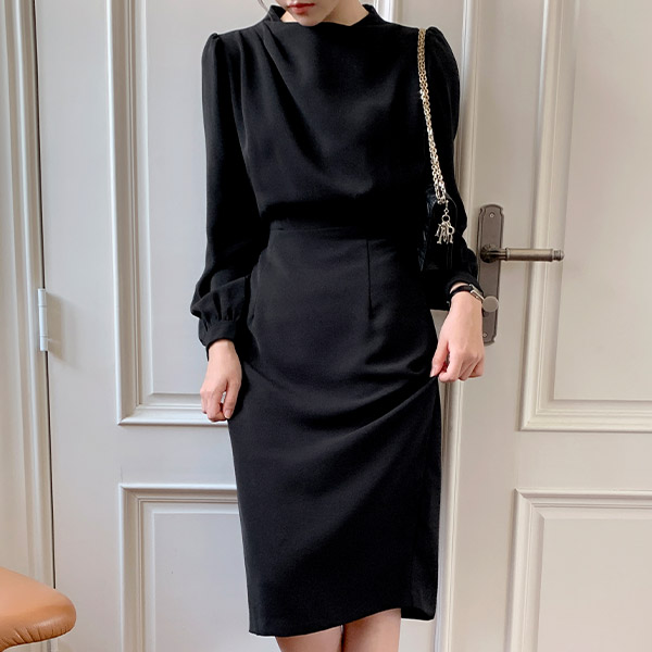 반하이넥 드레이핑 리본 스트랩 롱 원피스 op16184