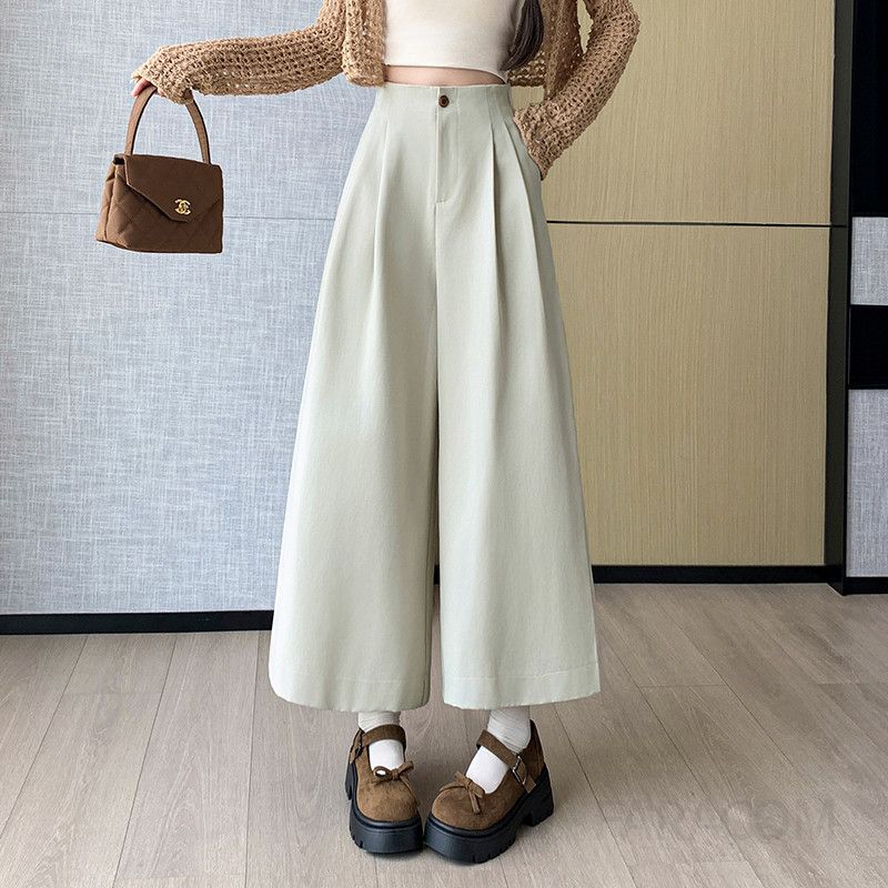 하이웨이스트 여성 루즈핏 코튼 와이드 팬츠 9부 캐주얼 스타일 가을용 슬림 디자인 편안한 착용감 데일리 - 상품 이미지