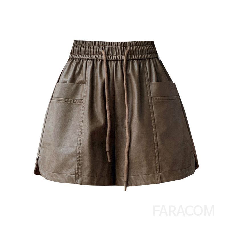 여성 여름 PU 가죽 와이드 하이웨이스트 반바지 데일리 캐주얼 스타일 시원한 착용감 편안한 여성스판팬츠 5부 반바지 - 상세 이미지 5