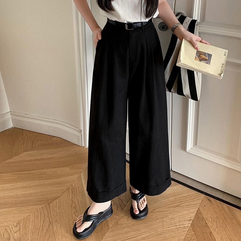 여성 하이웨이스트 루즈 와이드팬츠 가을용 워시드 코튼 소재 슬림 디자인 캐주얼 통바지 편안한 착용감 데일리 스타일링 9부 여성바지 - 상세 이미지 4