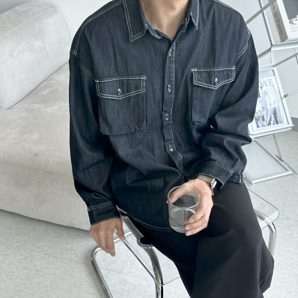 남자 셔츠 오버핏 봄 가을 겨울 셔츠 남자 청 남방 - 상세 이미지 2