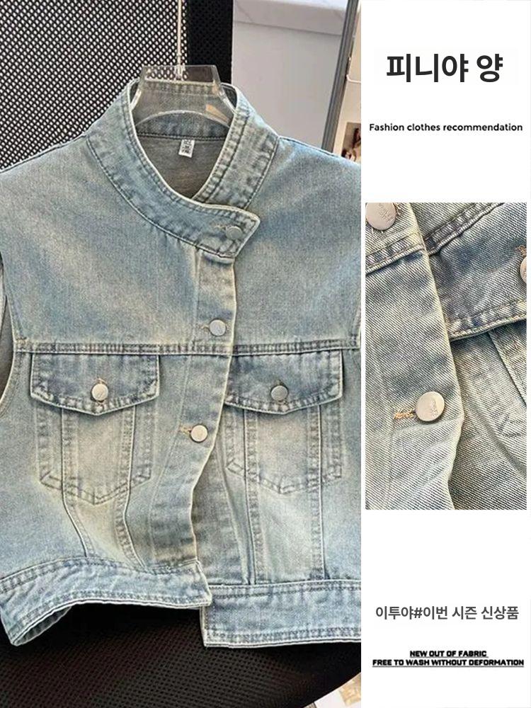 여성 연청 핏예술 다바럽 크롭탑 색상 자켓 청조끼 얇은 노카라 상의 빈티지 조끼 고품질 S - 상세 이미지 2