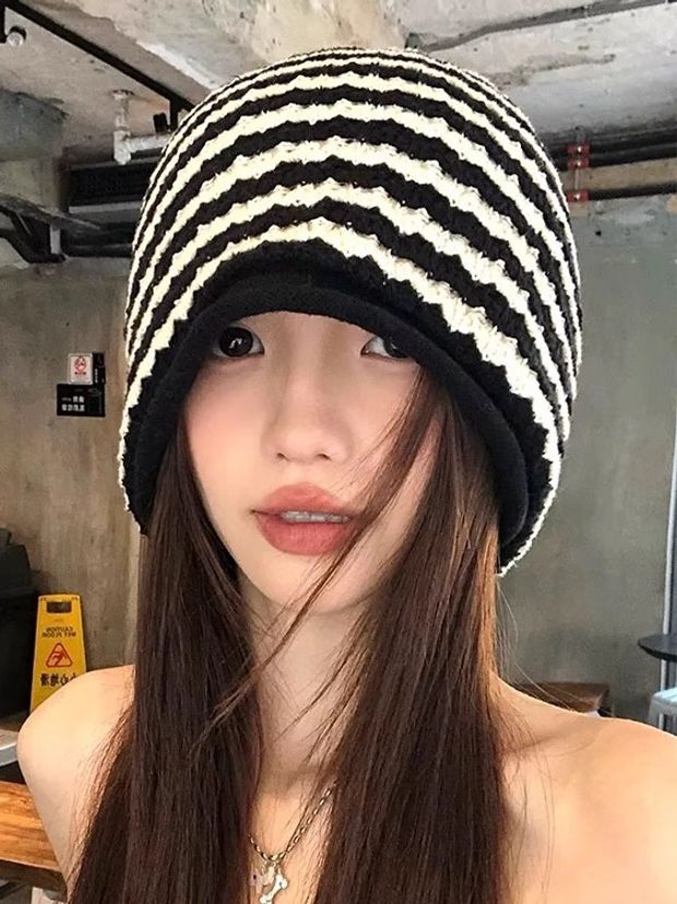 가발달린비니 모자 달린 항암가발 블랙화이트스트라이프+쿨브라운 팔로우시 - 상세 이미지 2