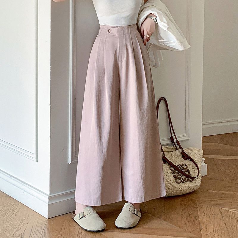 여성 하이웨이스트 와이드팬츠 코튼 소재 슬림 디자인 캐주얼 바지 루즈핏 편안한 착용감 데일리 여름용 통기성 좋은 스타일리시한 외출용 - 상품 이미지