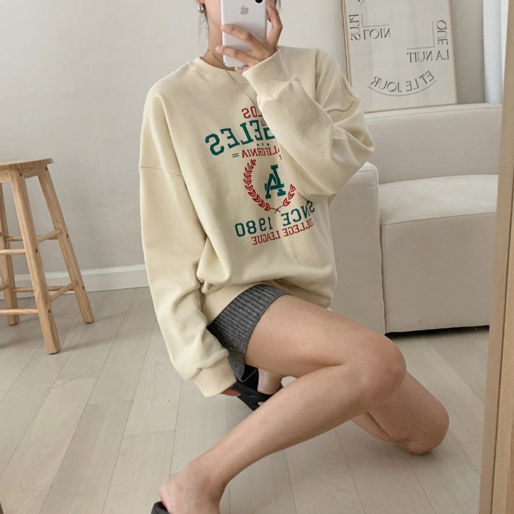 데일리 오버핏 로스 레터링 프린팅 티셔츠 여성 맨투맨 박스티 여자 가을 티셔츠 코튼 - 상세 이미지 4