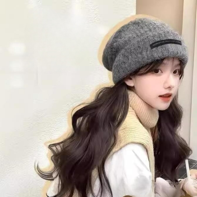 가발달린비니 여성용 니트모자 긴 머리 가발 항암가발 패션가발 블랙티 발망 - 메인 이미지
