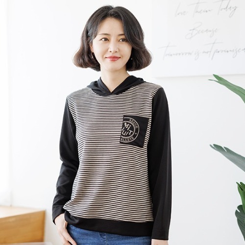 엄마옷 조이마담 T51771 스트라이프 포켓 후드 티셔츠 중년여성의류 - 상품 이미지